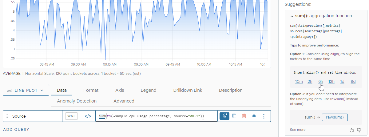 screenshot of a query and the Suggestions panel with clickable values