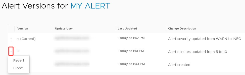 alert version list, ellipsis menu shows versions