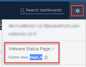 The gear icon drop-down menu with the VMware Status Page section.