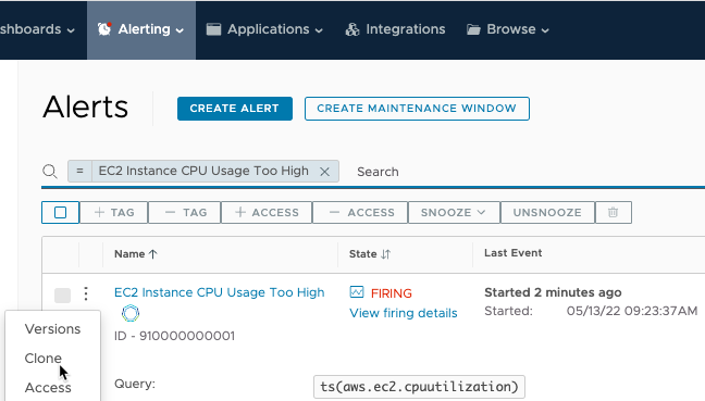Screenshot of the Alerts Browser, where we've searched for the ECS instance CPU usage too high alert