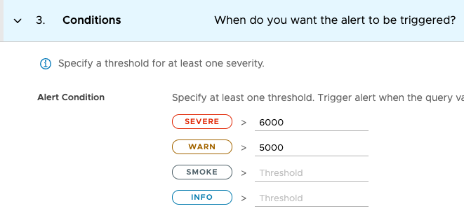 Screenshot of a few Conditions options. Details are under Create Alert.