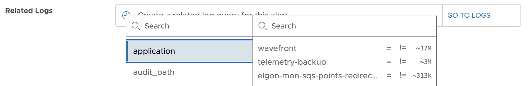 The Related Logs panel with a drop-down menu for selecting include and exclude tag filters.