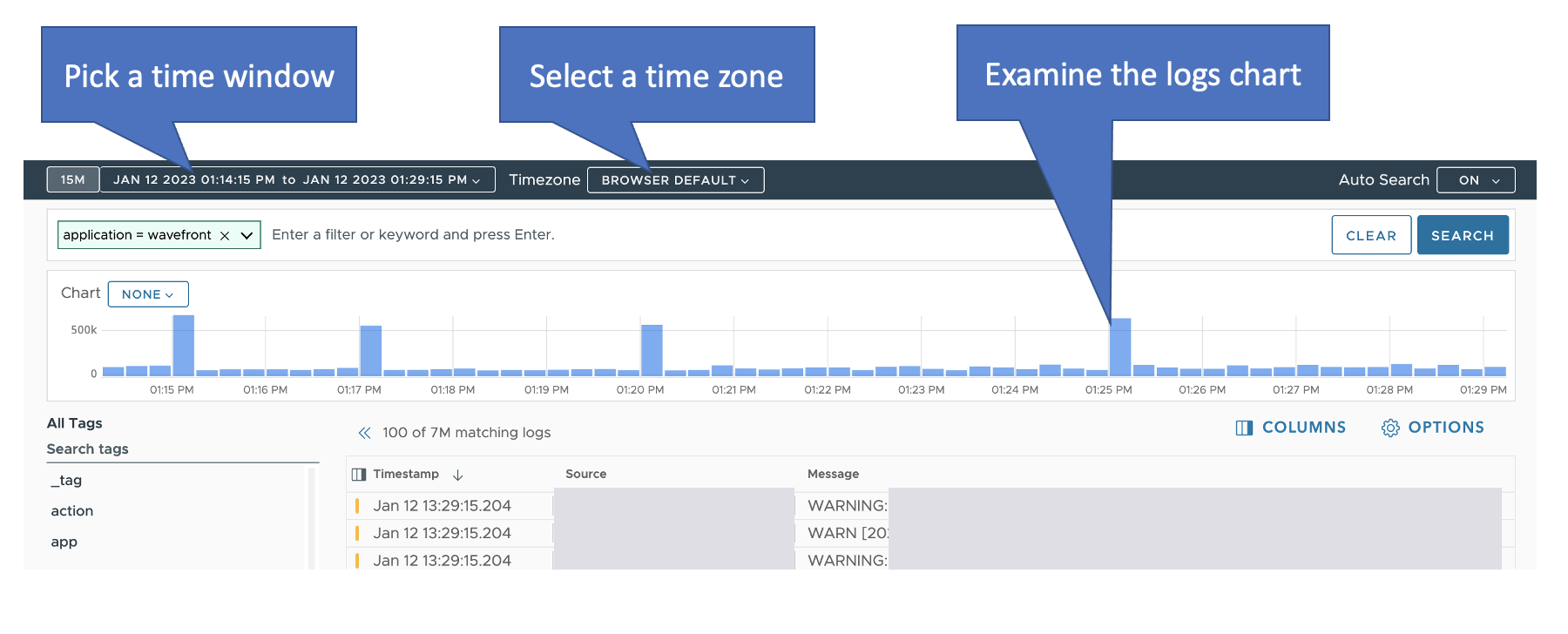 An annotated screenshot of the Logs Browser.