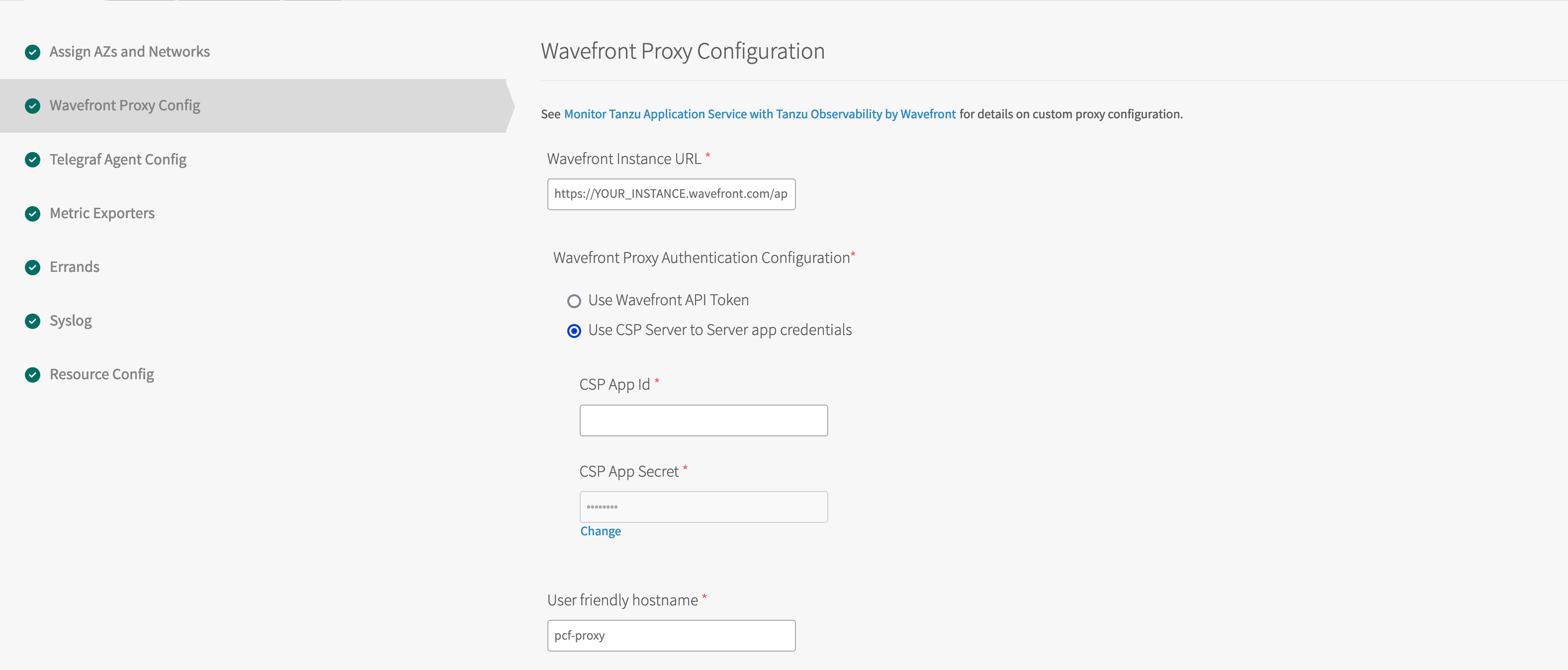 OpsMan Proxy Config tab with the 3 required items highlighted