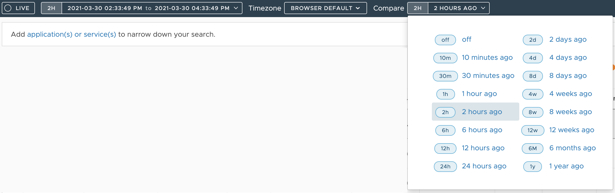 shows the compare option on the table view. The drop down has the values, off (if selected doesn't show the change in value), 2 hours ago, day ago, week ago, and month ago. 