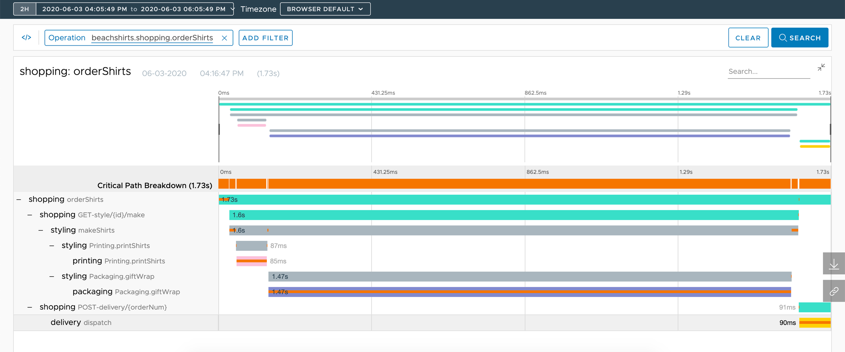 the image shows how the trace browser shows the critical path along the span view.