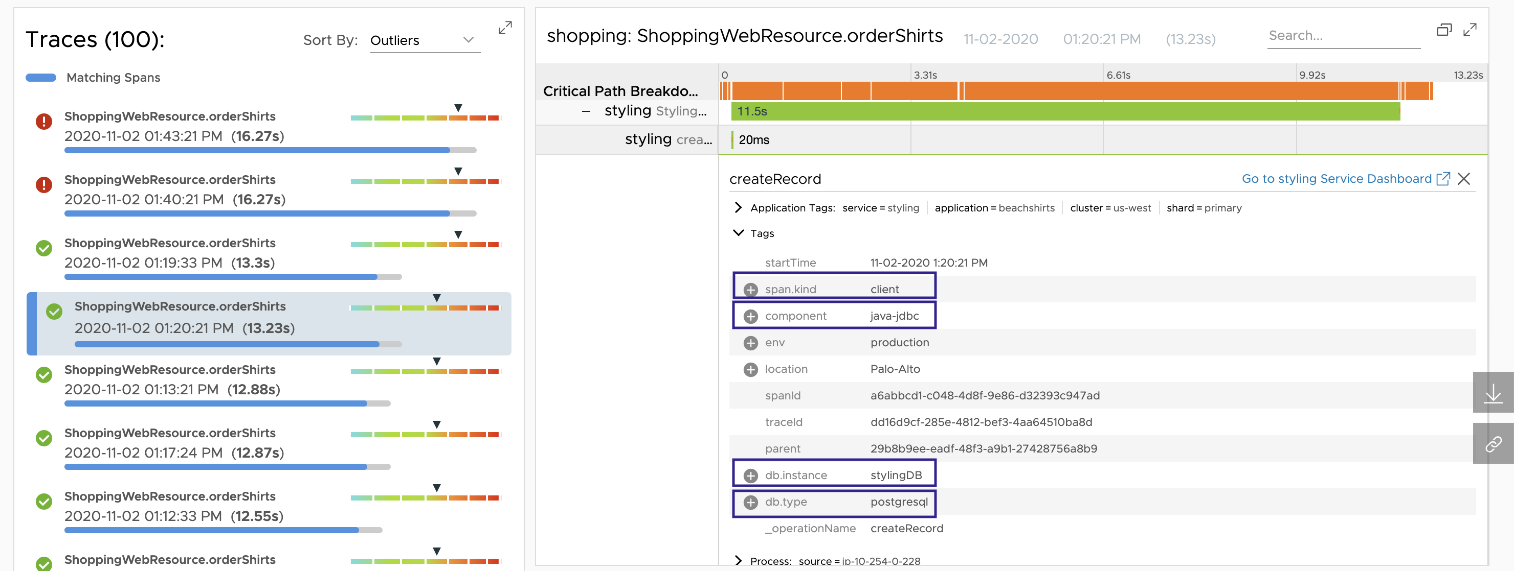 Shows the details of a trace that has the span tags component, db.type, and db.instance.