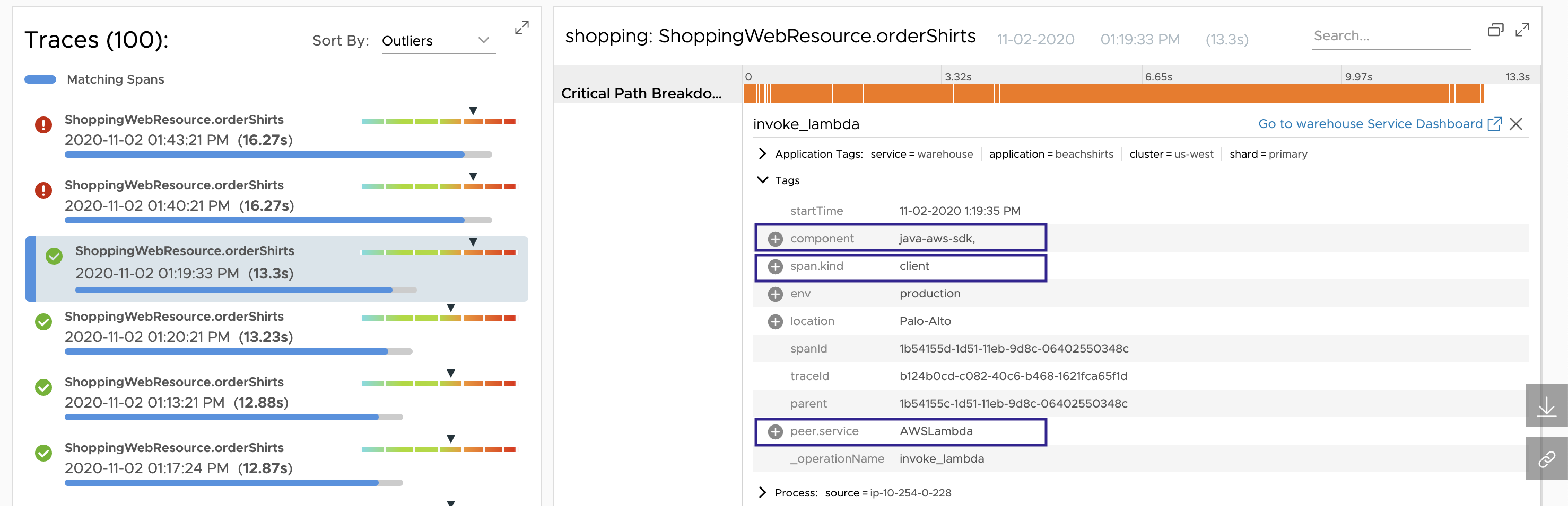 Shows the details of a trace that has the span tags component, span.kind, and peer.service.