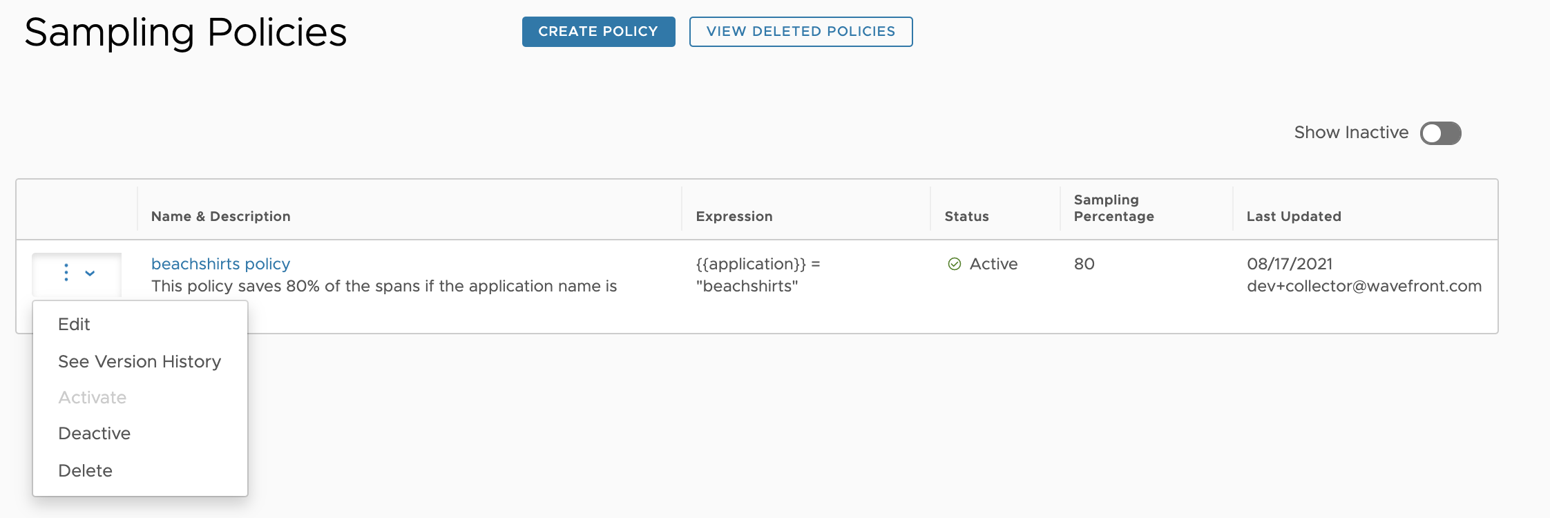 Shows a screenshot of the sampling polices user interface