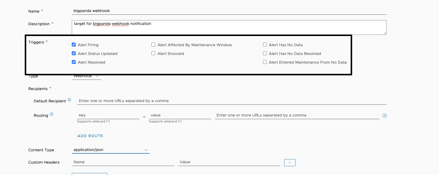 A screenshot of an alert target with the Alert Firing, Alert Status Updated, and Alert Resolved options selected as Triggers